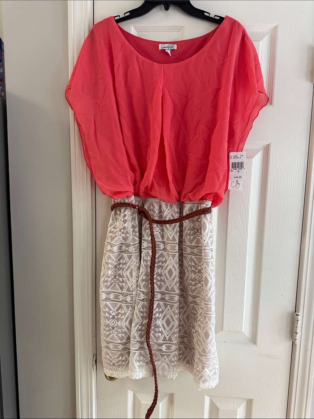 NWT Speechless Ivory/Coral Coral Blouson Patterned Skirt Dress